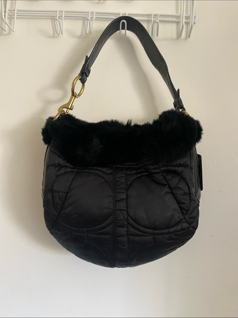Coach Black Quilted Shoulder Bag with Faux Fur Trim